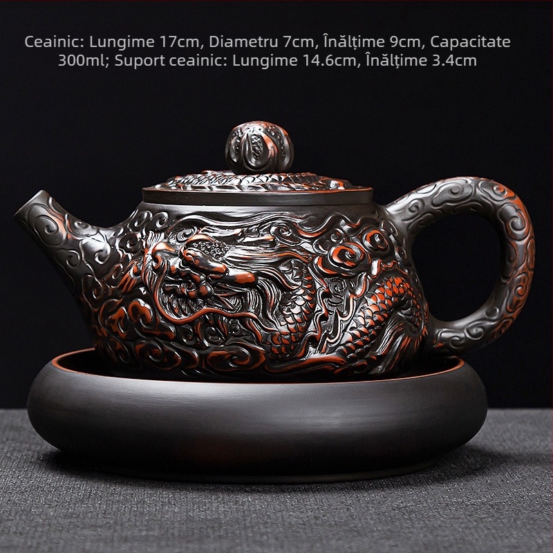 Ceainic din lut mov, cu doi dragoni care joacă cu o perlă, set Gongfu de ceai, ceainic și cești, lucrat manual, stil chinezesc pentru uz casnic