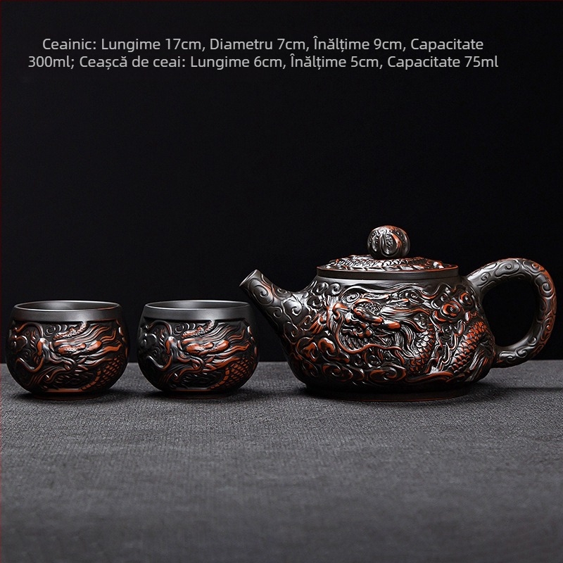 Ceainic din lut mov, cu doi dragoni care joacă cu o perlă, set Gongfu de ceai, ceainic și cești, lucrat manual, stil chinezesc pentru uz casnic