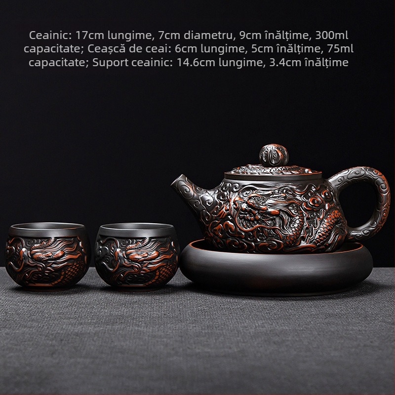 Ceainic din lut mov, cu doi dragoni care joacă cu o perlă, set Gongfu de ceai, ceainic și cești, lucrat manual, stil chinezesc pentru uz casnic
