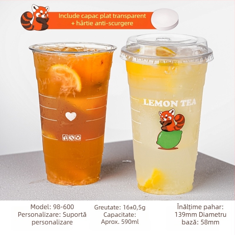 Pahar PET de unică folosință, transparent, 600 ml, pentru băuturi reci, cu capac, pentru utilizare comercială și la standuri