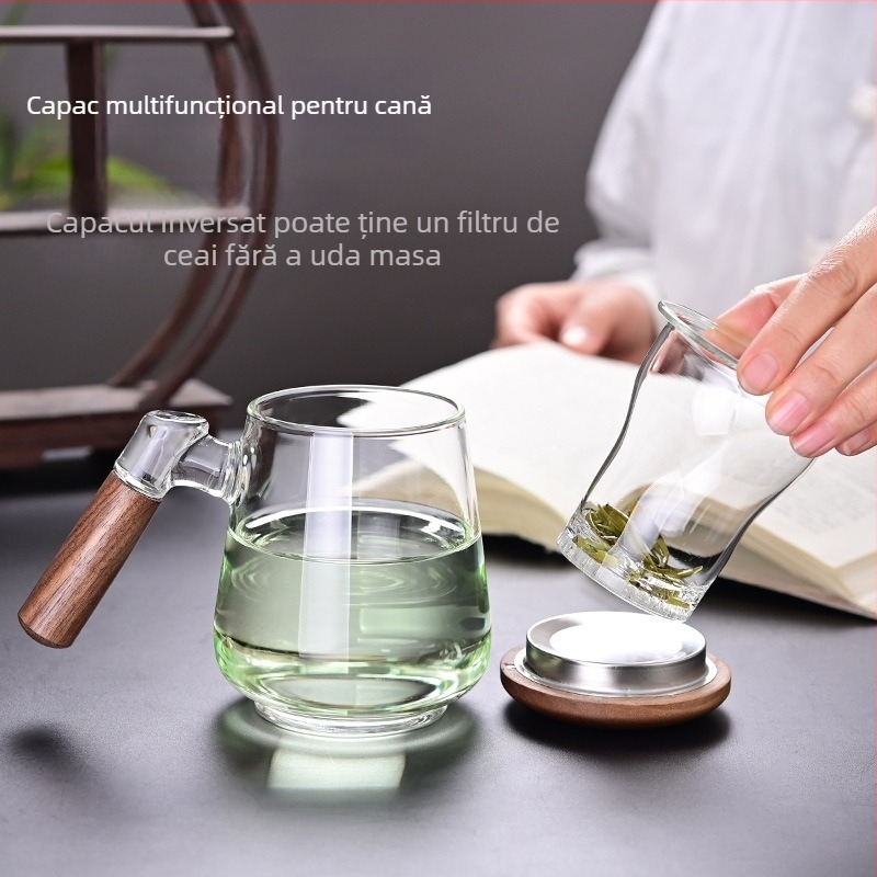 Ceainic din sticlă rezistentă la căldură, mâner lateral, capac din nuc, borosilicat înalt, separator ceai-apă, pentru birou