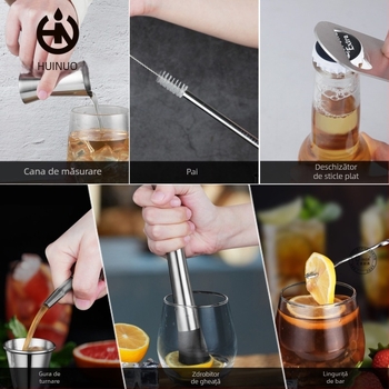 Set premium de unelte pentru cocktailuri din oțel inoxidabil: muddler pentru lămâi, zdrobitor de gheață, lingură de amestec, ceașcă de măsurat și turnător de vin