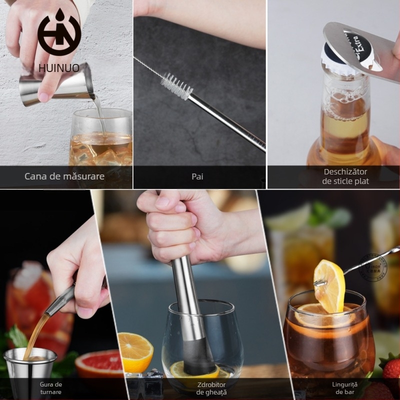 Set premium de unelte pentru cocktailuri din oțel inoxidabil: muddler pentru lămâi, zdrobitor de gheață, lingură de amestec, ceașcă de măsurat și turnător de vin