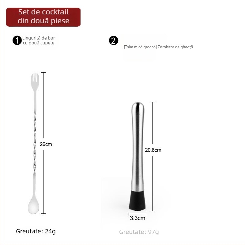Set premium de unelte pentru cocktailuri din oțel inoxidabil: muddler pentru lămâi, zdrobitor de gheață, lingură de amestec, ceașcă de măsurat și turnător de vin
