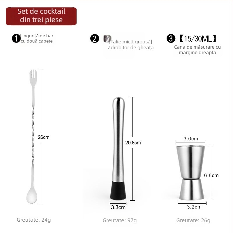 Set premium de unelte pentru cocktailuri din oțel inoxidabil: muddler pentru lămâi, zdrobitor de gheață, lingură de amestec, ceașcă de măsurat și turnător de vin