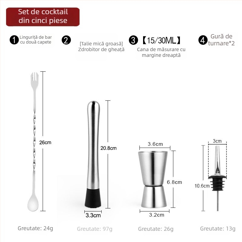 Set premium de unelte pentru cocktailuri din oțel inoxidabil: muddler pentru lămâi, zdrobitor de gheață, lingură de amestec, ceașcă de măsurat și turnător de vin