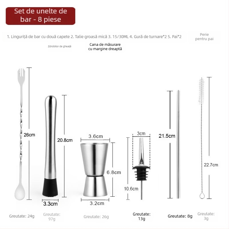 Set premium de unelte pentru cocktailuri din oțel inoxidabil: muddler pentru lămâi, zdrobitor de gheață, lingură de amestec, ceașcă de măsurat și turnător de vin