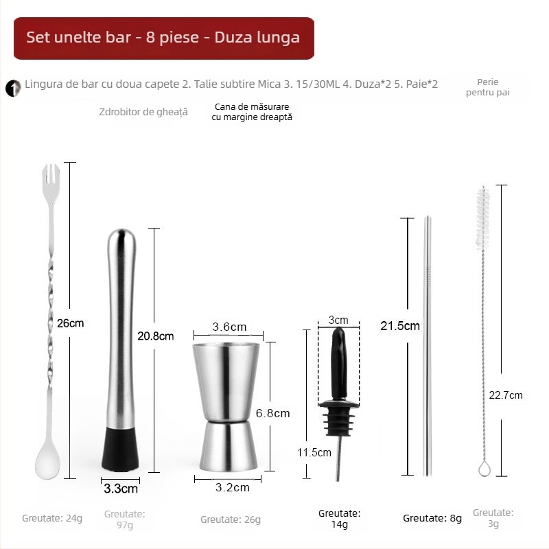 Set premium de unelte pentru cocktailuri din oțel inoxidabil: muddler pentru lămâi, zdrobitor de gheață, lingură de amestec, ceașcă de măsurat și turnător de vin