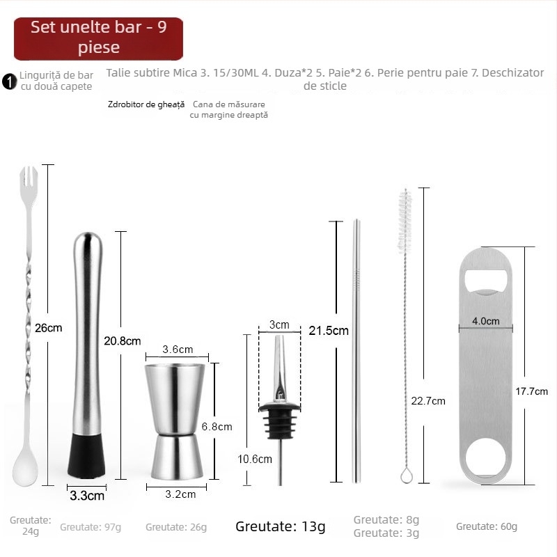 Set premium de unelte pentru cocktailuri din oțel inoxidabil: muddler pentru lămâi, zdrobitor de gheață, lingură de amestec, ceașcă de măsurat și turnător de vin