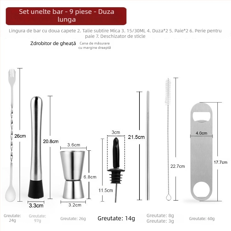 Set premium de unelte pentru cocktailuri din oțel inoxidabil: muddler pentru lămâi, zdrobitor de gheață, lingură de amestec, ceașcă de măsurat și turnător de vin