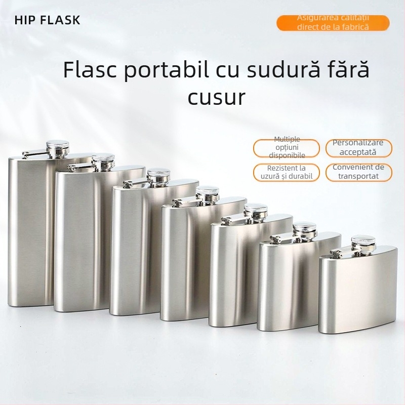 Flacon de vin din oțel inoxidabil, cu profil plat și pahar mic, portabil pentru exterior, stil minimalist-retro