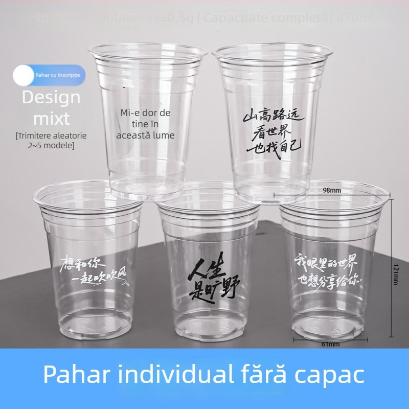 Pahar PET de unică folosință pentru milk tea și cafea, transparent, diametru 98 mm, capacitate 401–500 ml