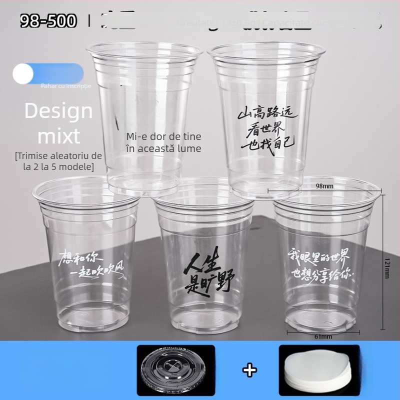Pahar PET de unică folosință pentru milk tea și cafea, transparent, diametru 98 mm, capacitate 401–500 ml