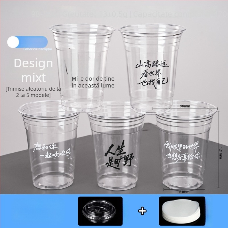 Pahar PET de unică folosință pentru milk tea și cafea, transparent, diametru 98 mm, capacitate 401–500 ml