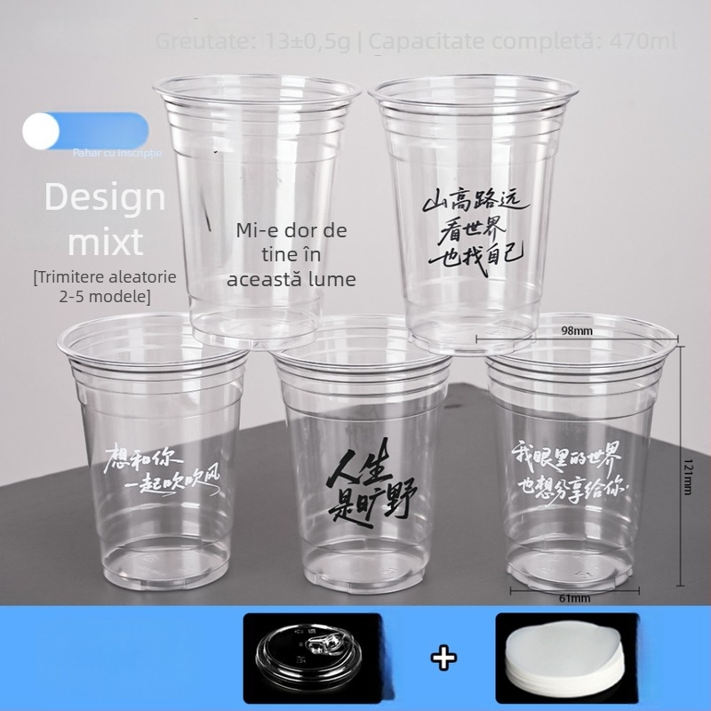 Pahar PET de unică folosință pentru milk tea și cafea, transparent, diametru 98 mm, capacitate 401–500 ml