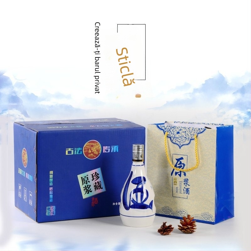 Set de vin din ceramică albastru-alb, sticlă de vin goală, recipient sigilat, set complet într-o cutie cadou, calitate premium