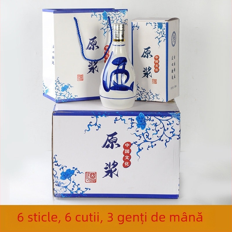 Set de vin din ceramică albastru-alb, sticlă de vin goală, recipient sigilat, set complet într-o cutie cadou, calitate premium
