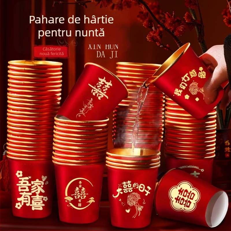Pahare roșii de unică folosință pentru nuntă, cu foiță de aur, 240 ml, pachet de 50, pentru ceremonie și banchet