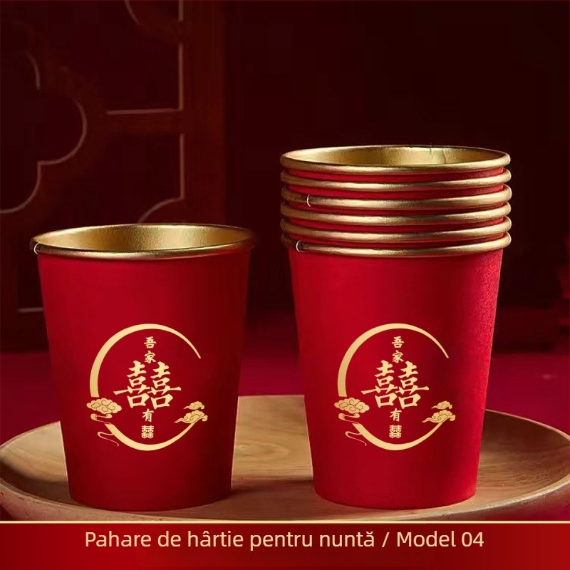 Pahare roșii de unică folosință pentru nuntă, cu foiță de aur, 240 ml, pachet de 50, pentru ceremonie și banchet