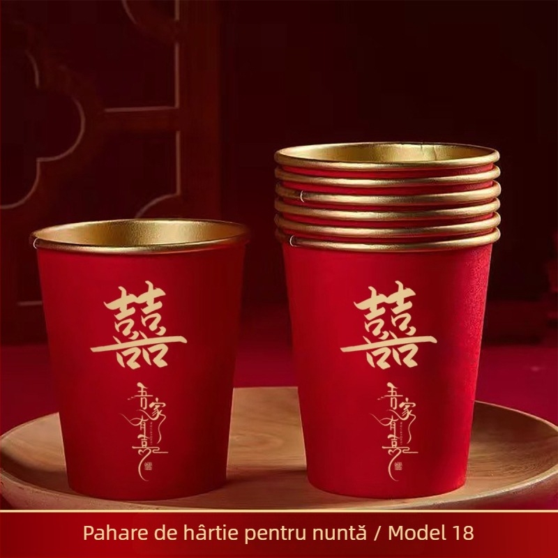 Pahare roșii de unică folosință pentru nuntă, cu foiță de aur, 240 ml, pachet de 50, pentru ceremonie și banchet