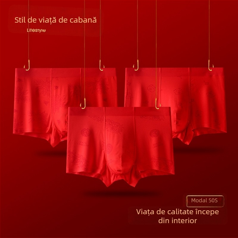 Modal și mătase Mulberry, chiloți bărbați roșii, fără cusături, talie medie, antibacterian