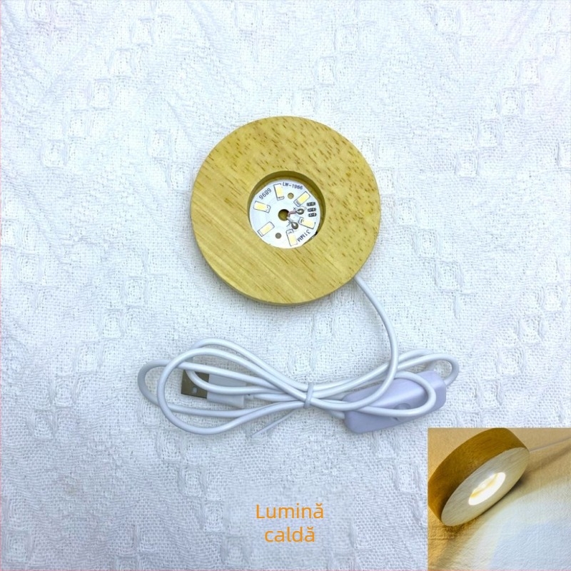 Bază circulară din lemn masiv, iluminată, cu încărcare wireless; suport de lampă cu sferă de cristal, bază decorativă pentru pahare de cocktail