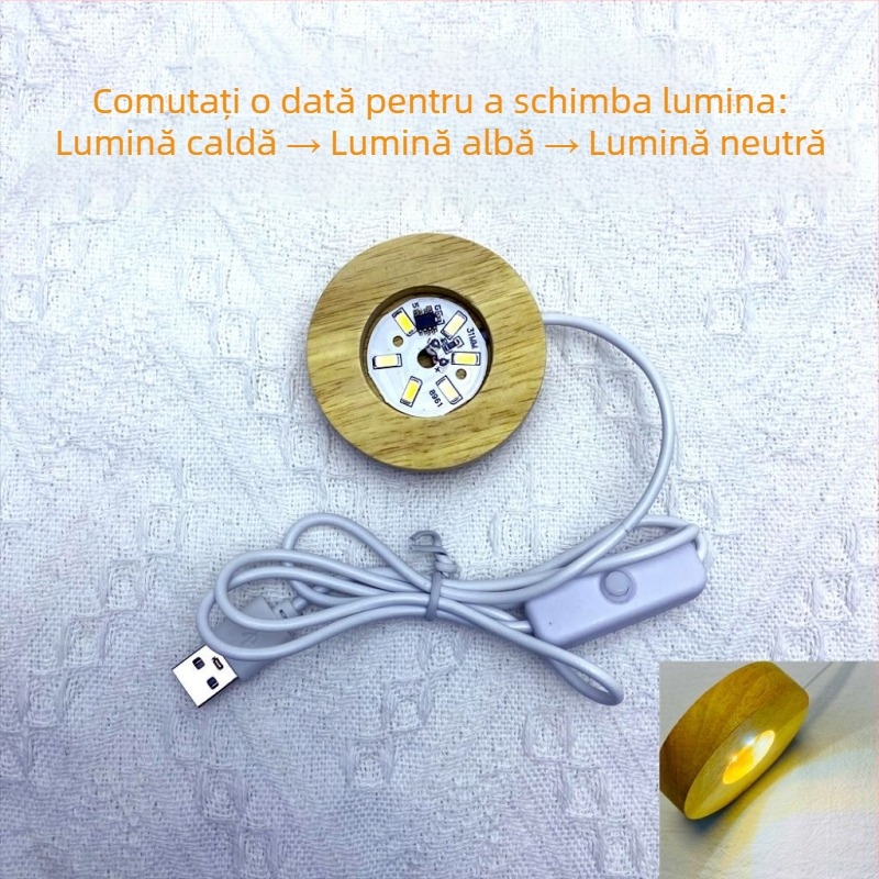 Bază circulară din lemn masiv, iluminată, cu încărcare wireless; suport de lampă cu sferă de cristal, bază decorativă pentru pahare de cocktail