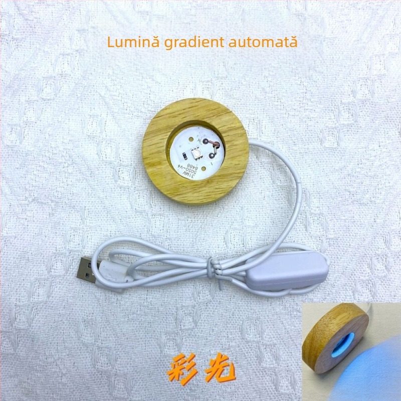 Bază circulară din lemn masiv, iluminată, cu încărcare wireless; suport de lampă cu sferă de cristal, bază decorativă pentru pahare de cocktail