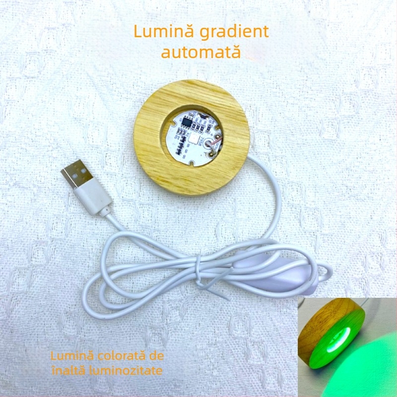 Bază circulară din lemn masiv, iluminată, cu încărcare wireless; suport de lampă cu sferă de cristal, bază decorativă pentru pahare de cocktail