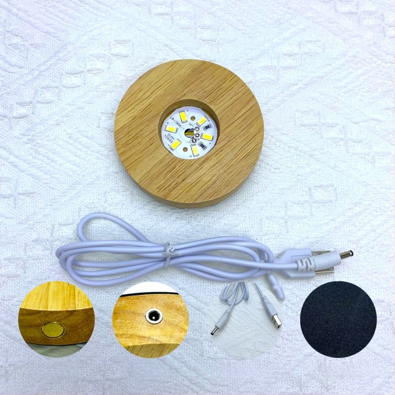 Bază circulară din lemn masiv, iluminată, cu încărcare wireless; suport de lampă cu sferă de cristal, bază decorativă pentru pahare de cocktail