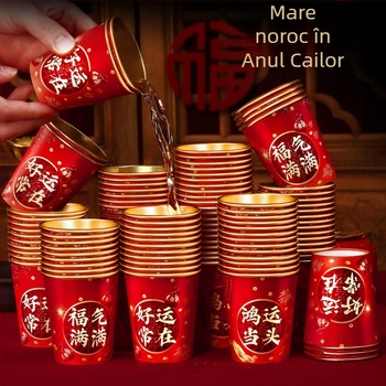 Anul Calului 2026 – nou model, pahare de hârtie groase, de unică folosință, pentru Noul An, cu folie de aur și simboluri ale norocului, pentru uz casnic