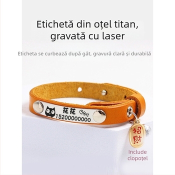 Colier pentru pisici cu clopoțel și etichetă din piele gravată, pentru pisicuțe și câini de talie mică