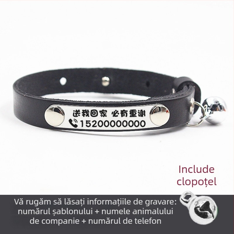 Colier pentru pisici cu clopoțel și etichetă din piele gravată, pentru pisicuțe și câini de talie mică