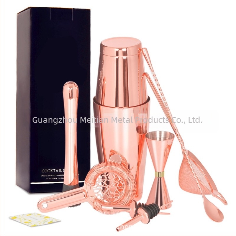 Set de cocktail din oțel inoxidabil 304 cu shaker Boston — unelte de bar în stil american, set de 7 piese, în cutie neagră