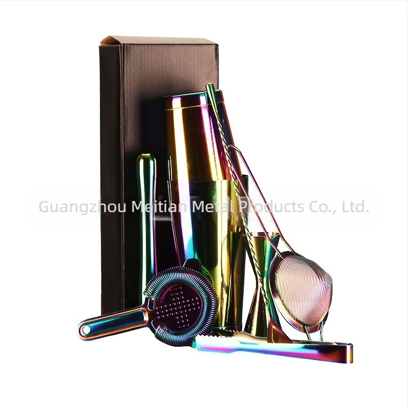 Set de cocktail din oțel inoxidabil 304 cu shaker Boston — unelte de bar în stil american, set de 7 piese, în cutie neagră