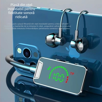 Căști Bluetooth cu bandă pentru gât, afișaj digital, baterie cu capacitate mare, design semi-in-ear, stereo pentru sport