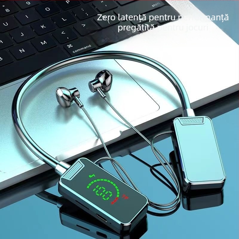 Căști Bluetooth cu bandă pentru gât, afișaj digital, baterie cu capacitate mare, design semi-in-ear, stereo pentru sport