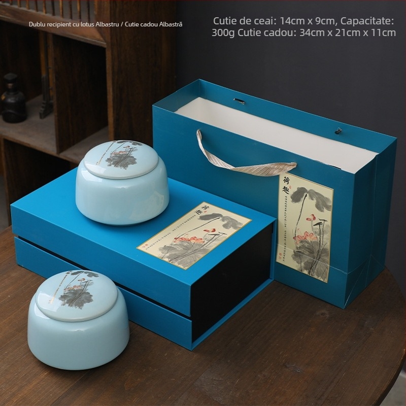 Set cadou din ceramică pentru ceai cu două borcane, ambalaj sigilat, cutie cadou pentru ceai negru și ceai verde