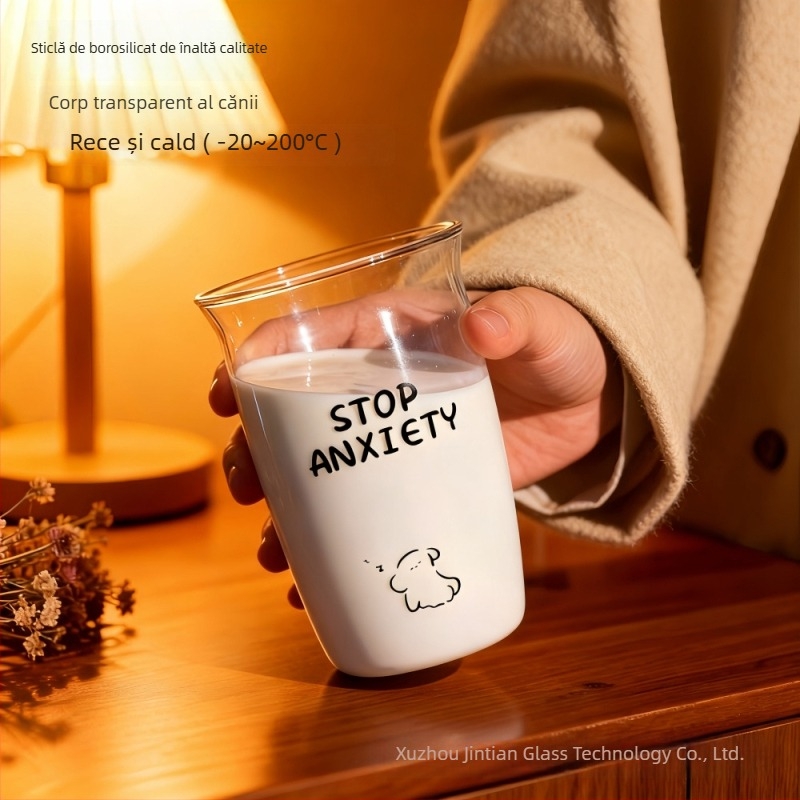 Ceașă de cafea din sticlă borosilicată, design minimalist, margine deschisă, senzație premium, capacitate mare, pentru femei.
