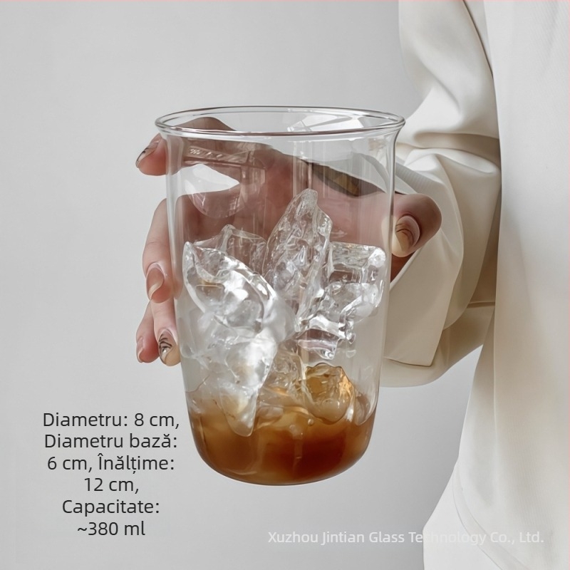 Ceașă de cafea din sticlă borosilicată, design minimalist, margine deschisă, senzație premium, capacitate mare, pentru femei.