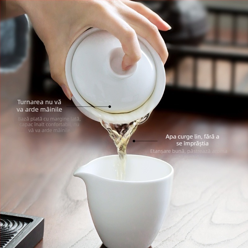 Gaiwan din porțelan alb Jingdezhen cu capac, bol de ceai mare, set ceramic pentru ceai, design minimalist