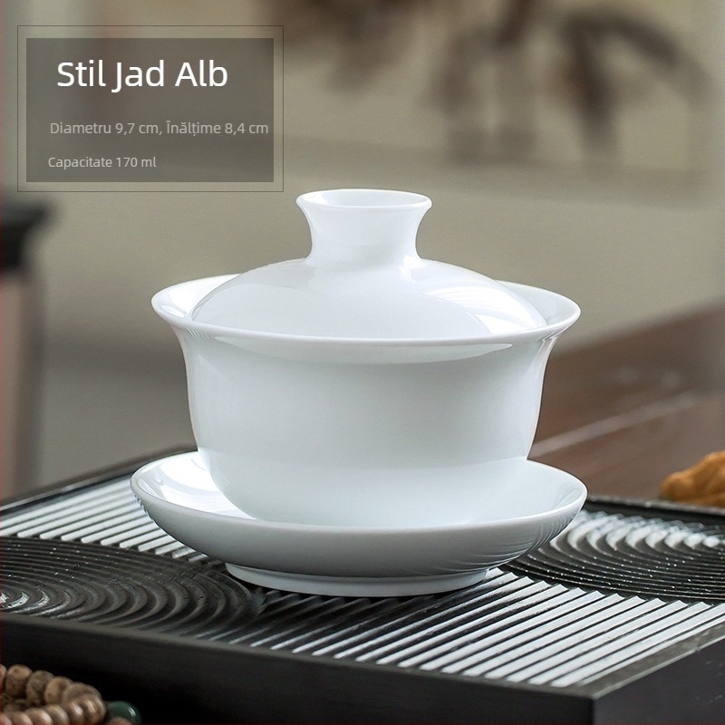 Gaiwan din porțelan alb Jingdezhen cu capac, bol de ceai mare, set ceramic pentru ceai, design minimalist