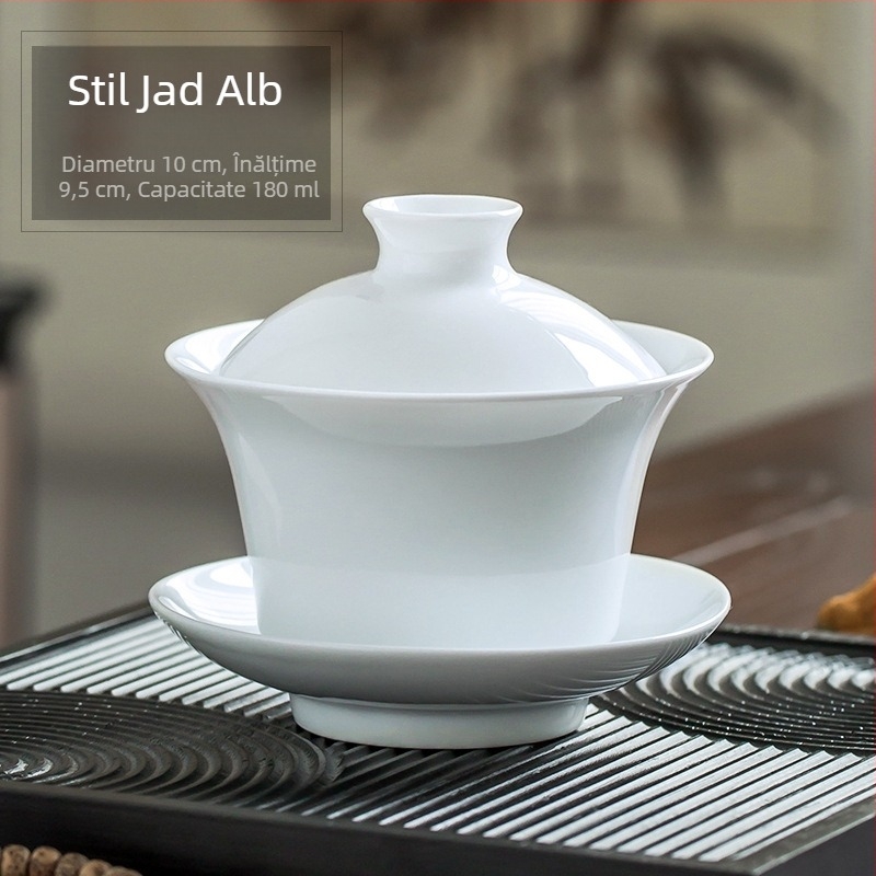 Gaiwan din porțelan alb Jingdezhen cu capac, bol de ceai mare, set ceramic pentru ceai, design minimalist