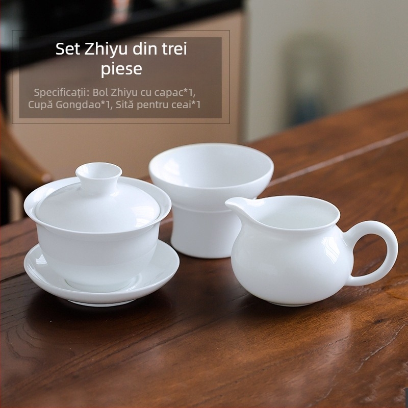 Gaiwan din porțelan alb Jingdezhen cu capac, bol de ceai mare, set ceramic pentru ceai, design minimalist