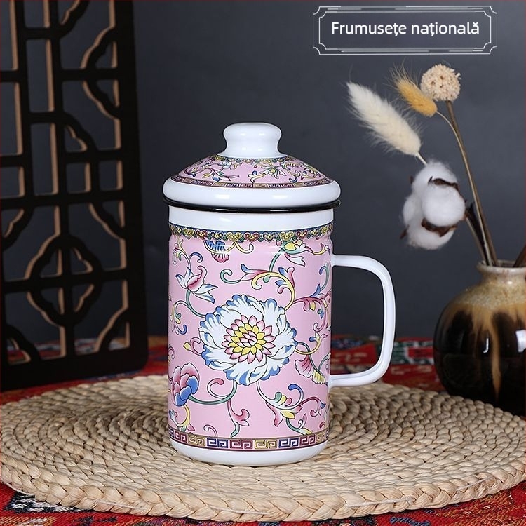 Oală de lapte emailată de 1,5 L cu capac, pahar pentru ramen instant, recipient de păstrare, rezistent la temperaturi înalte, antiaderent, durabil, ceașcă de ceai emailată