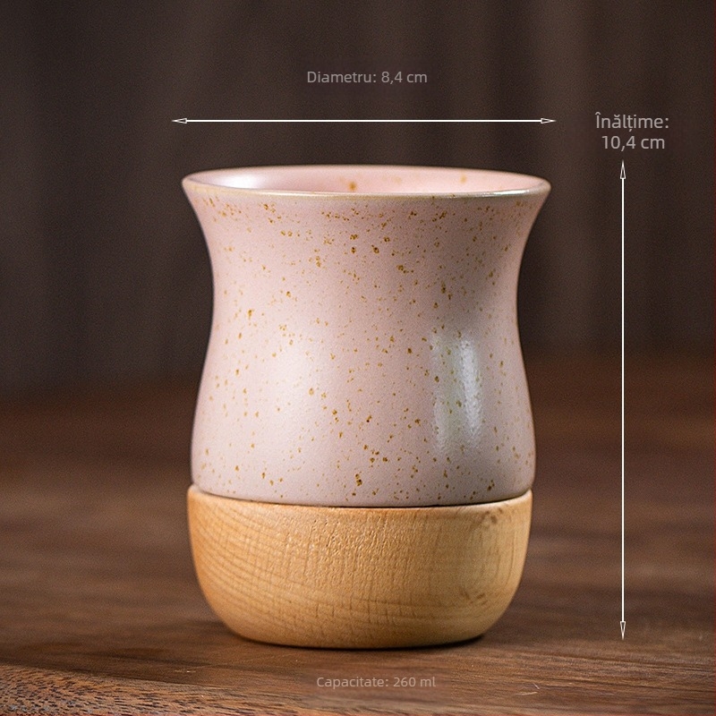 Ceașcă de espresso ceramică, cu textură rustică și bază din lemn