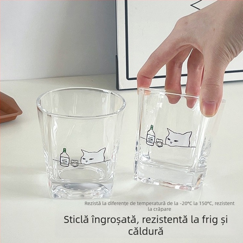 Pahar din sticlă în stil coreean cu pisicuță pentru băut, transparent, rezistent la temperaturi