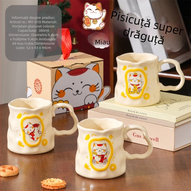 Cană ceramică pictată manual cu pisica norocoasă Maneki-Neko, stil Chinezesc, cadou unisex