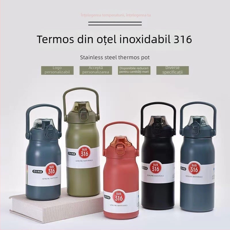 Sticlă sport minimalistă, cu capacitate mare, din oțel inoxidabil 316, izolație termică, mâner, portabil pentru activități în aer liber