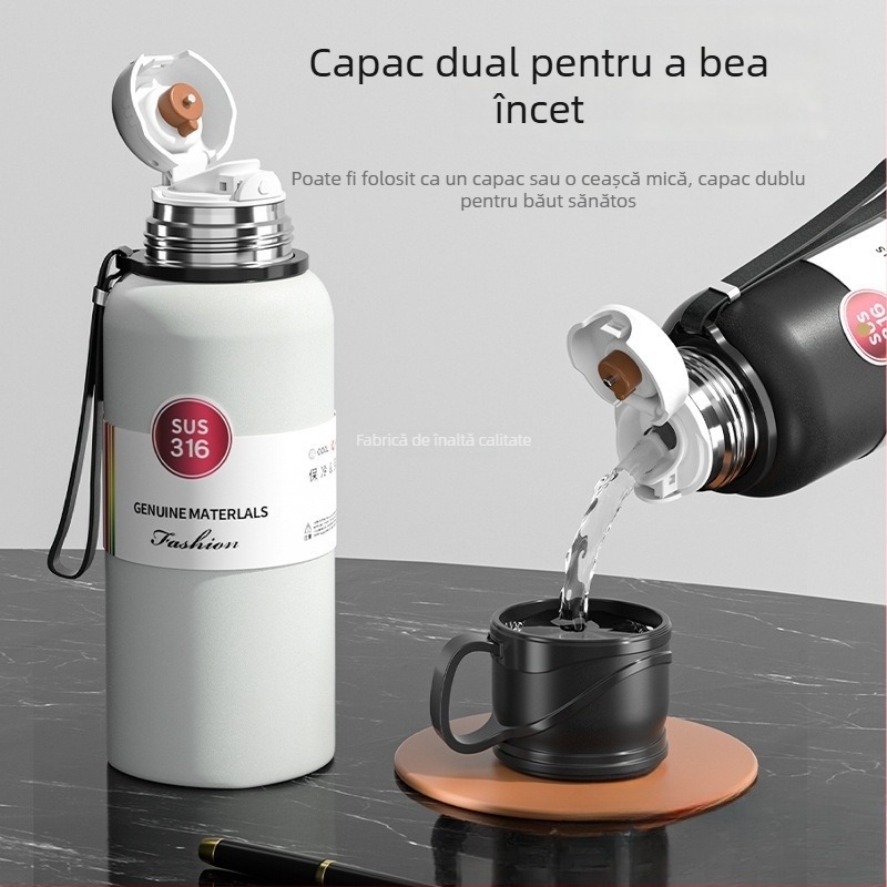 Termos din oțel inoxidabil cu afișaj de temperatură, capacitate mare, portabil pentru activități în aer liber, cu separator de ceai
